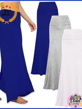 3 Pack Women's Fold Over High Waisted Maxi Skirt Stretchy Flowy Long Skirt